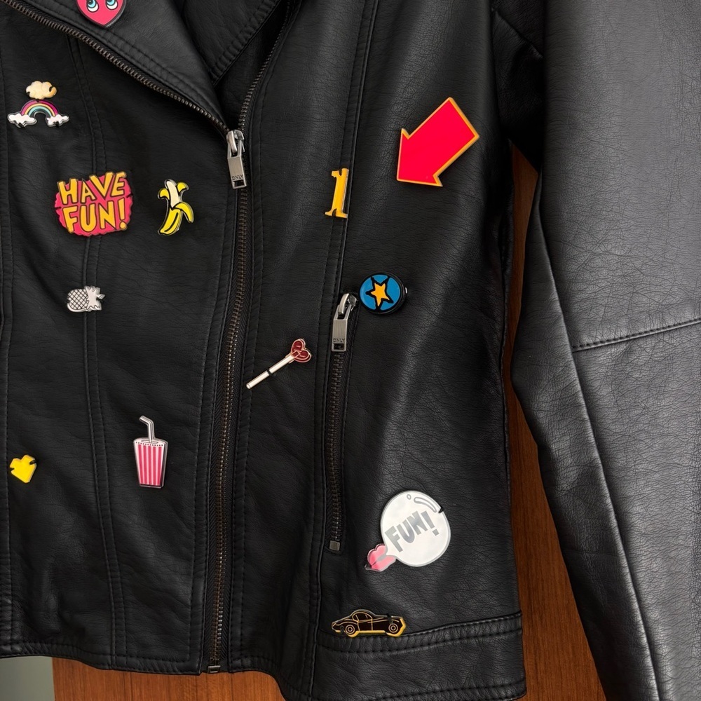 ONLY Black Faux Leather Moto Biker Jacket Size EU 38 (US M) with Fun Pins - Picture 2 of 7